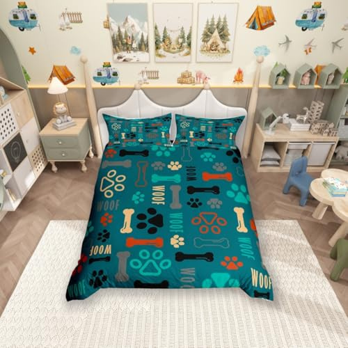 feelingyou Cute Dog Paw Print Duvet Cover Set Double Size,Puppy Dog Pets Lovers Style Comforter Cover with 2 Pillowcases,Bone Cartoon Animal Green Breathable Bedspread for Boys Teens Present, Soft