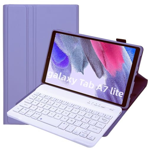 Lrufodya Funda de teclado para Samsung Galaxy Tab A7 Lite de 8.7 pulgadas 2021, teclado inalámbrico desmontable de colores caramelo con funda delgada para modelo SM-T220 T225 T227 (morado)