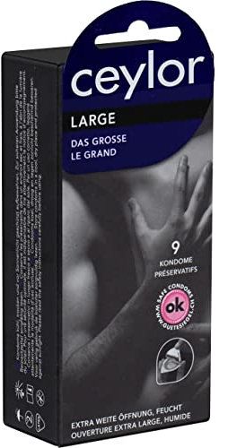 Ceylor Large 9 extraweite Kondome mit Gleitcreme, verpackt im hygienischenDösli, einfach zu öffnen, schnelleres Überziehen, Premium-Qualität