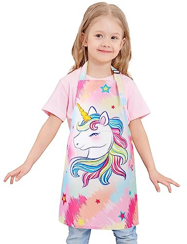 WERNNSAI Kinderschürze - Wasserdicht Polyester Schürzen für Kinder Jungen Mädchen mit Verstellbarem Gurt und Tasche Küche SchürzenKochen Backen Malen (2-12Jahre) (Einhorn F, S)