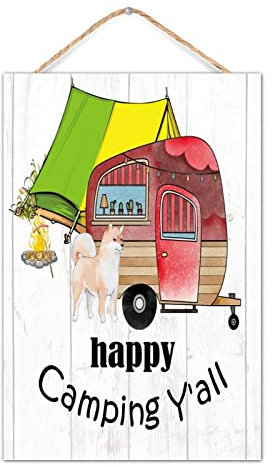 Happy Camping Y'all Holzschild Raumdekoration Lustig Wald Berge Outdoor Abenteuer Schilder Antike Holzschild Plakette für Küche Wohnzimmer Hütte 20,3 x 30,5 cm