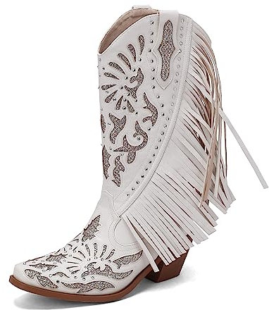 Donne Western Cowboy Lavoro Stivali Frangia Bootie Nappe Stivali Moda Retrò Classico Tall Boot per donne Ragazze Le signore Bianco Numero 34