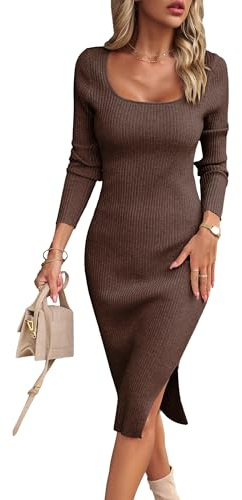 VOGMATE Strickkleid Damen Winter Langarm Kleid Sexy Herbstkleid Partykleid Midikleid Knit Bodycon Dress Pulloverkleid Braun M