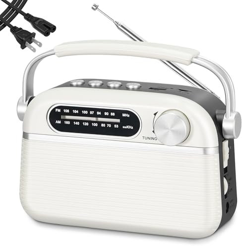 PRUNUS J-130 Radio portátil AM FM, alimentación de CA, funciona con pilas/radio recargable para uso de emergencia, radios vintage con soporte Bluetooth, tarjeta TF/reproducción USB para exteriores