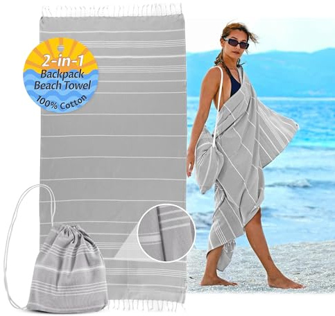 CalmyBEACH 2in1 Hamamtuch Rucksack Strandtuch Badetuch, 180x90, Grau | 100% Baumwolle, Hamam, Strand, Tuch, Baumwolltuch, für Damen und Herren, Yogatuch, Reisehandtuch