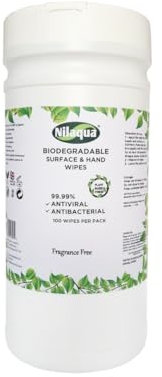 Nilaqua ECO Cleaning and Disinfectant wipesfor Surfaces & Hands - Multi Purpose, Pastic Free Biodegradable Wet Wipes, Kills UP to 99.9999% Germs - Canister of 100 Wipes, 200mm x 200mm