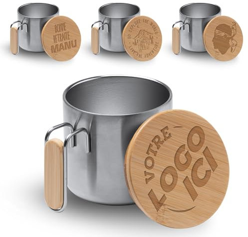 GRAVURE CONCEPT Mug En Inox Avec Couvercle Bambou Personnalisable - Tasse 350 mL Personnalisée - Idée Cadeau (Mug RIMOR)