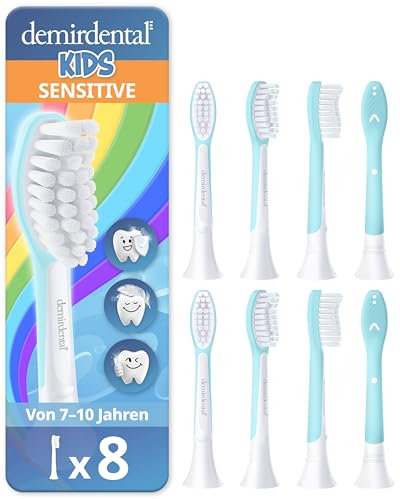 demirdental Ersatzbürsten for Kids passend für Philips Sonicare Ersatzbürsten Kids, Kinder Schallzahnbürsten, Kinder Ersatzbürsten ab 7 Jahre, entspricht HX6044, Türkis, 8er Set