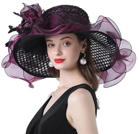 Chapeau de paille pour femme - Chapeau de paille avec plumes - Pour cocktail, fête, mariage, Pâques, violet, taille unique