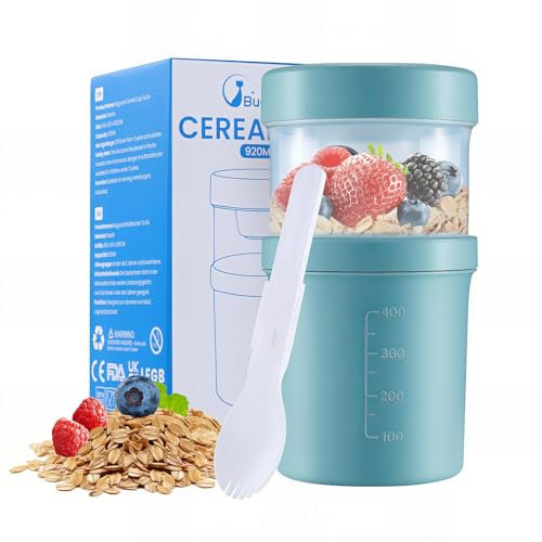 Bugucat Taza para Cereales 560ML+360ML, Taza de Yogur Recipientes para Cereales para Llevar con Tapas y Cuchara, Reutilizable Porta Yogur Vaso Portátil Taza de Cereales con Recipiente para Ensaladas