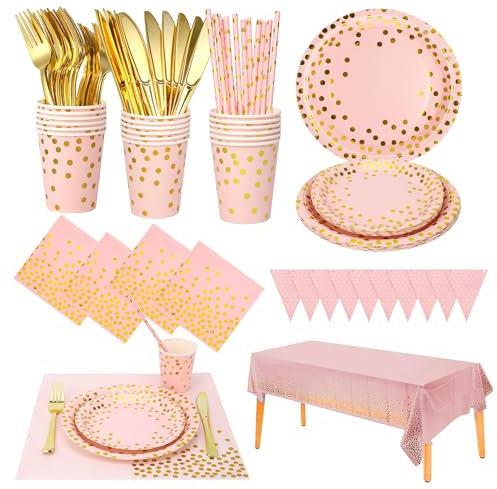 186 Stück Rosa-gold Partygeschirr,Partyzubehör Pappteller Set,Wiederverwendbar Papier Geschirr Set einschließlich Tischdecke Teller Becher Servietten zum Geburtstag,Hochzeiten,Jubiläums 25 Gäste