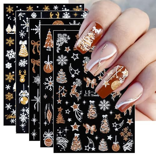 JMEOWIO 8 Sheets Christmas Glitter Nail Art Stickers Decals Self-Adhesive Rose Gold Snowflake Nail Supplies Nail Art Design Decoration Accessories