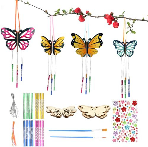 Deepton Schmetterling Windspiel Bastelset Kinder, 4 Stück 3D Butterfly Basteln Holz Bastelhandwerk Windspiel Basteln für HäNgend, Geburtstag Geschenke für Junge Mädchen