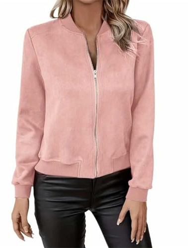 JOASDAO Veste bomber en faux daim pour femme - Col montant - Fermeture éclair - Pour l'automne - Tendance - Vêtements d'extérieur