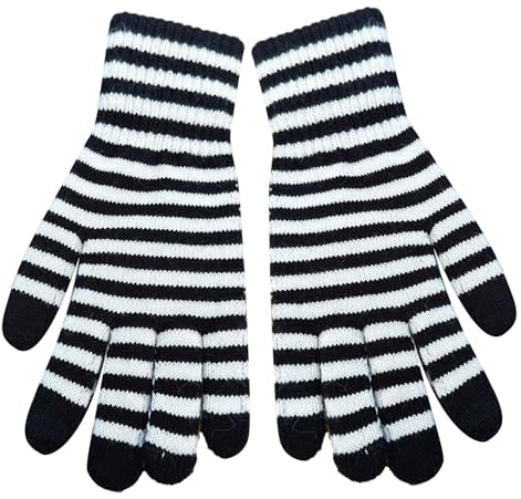 GMBYLBY Winterhandschuhe für Herren und Damen, Schwarz / Weiß gestreift, warme Handschuhe, weiche Strickhandschuhe, elastisch