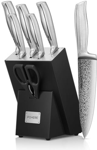 Kitchen Knife Set, FOHERE Knives Set with Advanced Self Sharpening Technology, 7 Pieces Waved Texture Knife Set with Block, Stainless Steel Kitchen Knives, Sharp Knives with Non-Slip Ergonomic Handle