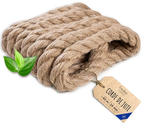 Creative Deco 40m Corde de Jute Epaisseur 24mm | Personnalisation Possible Tous Les 5m | Corde Solide et Durable | Torsadé en Fibres Naturelles | Bricolage, Balustrade, Jardin et Maison