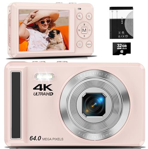 4K Digitalkamera, 64MP 2.8“ UHD Kompaktkameras - Autofokus Wiederaufladbare Vlogging Kamera mit 32GB Karte & Akku, Tragbare Reisekameras mit 16X Digitalzoom für Kinder Anfänger Jugendliche