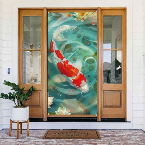 Japanischer hübscher Koi-Fisch, bedrucktes Türbanner aus Stoff, hängende Türabdeckung, Hintergrundposter für Zuhause, Haustür, Urlaub, Party-Dekorationen