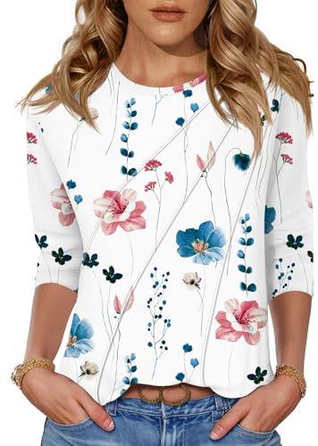 Kistore 3/4 Length Sleeve Womens Tops Dressy Casual Blouses for Women 2025 Trendy Crewneck T Shirts Summer Clothes Plus Size XXL