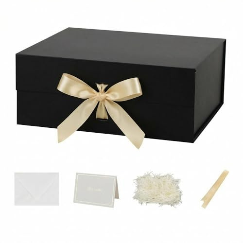 Large Gift Box with Lid 32x28x13.5 cm, Black Gift Boxes Magnetic for presents Packaging for Birthdays, Shoe Box Bulk, Christmas (Include Shredded Paper Fill, Envelope Card Ribbon)