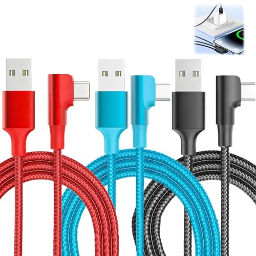 3 Pack Right Angle USB C Charger Cable 1M/3FT, 90 Degree USB A to USB C Cord, PD 60W Fast Charging Nylon Braided Lead for iPhone 17 16 15 Pro Max Samsung Galaxy S23 MacBook Huawei P40 Note 10 Google
