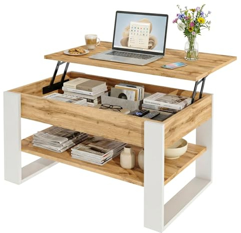 möbelkap Couchtisch mit anhebbarer Platte | Höhenverstellbarer Wohnzimmertisch mit Stauraum | Sofatisch Eiche Wotan Weiß modern mit Ablage & verstecktem Fach – Coffee Table für Wohnzimmer & Büro
