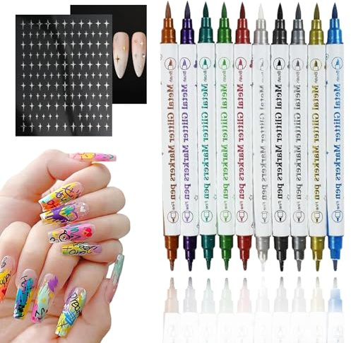 10 Colors Doul Tips Nail Art Marker Set with Sticker 3D Acrylic Paint Nail Pens Polish for Painting Arts DIY Decoration