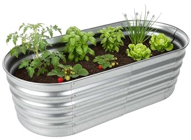 Relaxdays Hochbeet, verzinktes Metall, Blumen, Pflanzen & Gemüse, HxBxT: 45 x 150 x 60 cm, ovales Pflanzenbeet, Silber
