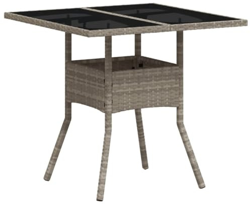 Mhdvray Gartentisch 80x80 cm aus Poly-Rattan & Hartglas in Lichtgrau moderner Lounge-Tisch wetterfestes Aluminiumgestell platzsparend für Balkon Terrasse Garten
