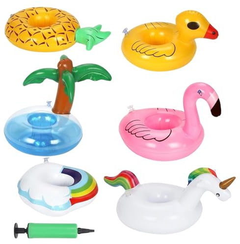 Pool Getränkehalter, 6 Stück Aufblasbare Tier Getränkehalters mit Luftpumpe, Schwimmende Getränkehalter für Poolparty Strandfest Gartenfeier, Sommer Pool Bar Accessoires für Familienaktivitäten