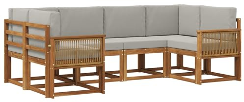 vidaXL Outdoor-Sofagarnitur mit Kissen 6 pcs Natürlich und Hellgrau, Akazienholz, modernes Gartensofa, Outdoor-Sitzgruppe, Gartenmöbel für die Veranda, wetterfest