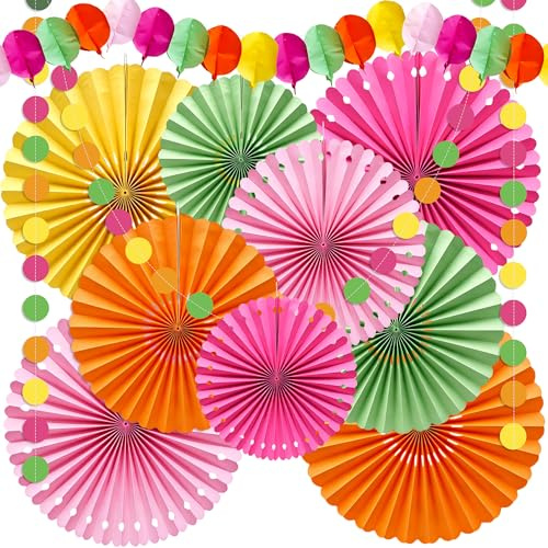Syoulin Hawaii Party Deko Set aus Papier, Regenbogen Papierfächer mit Hawaii Girlande, 11-teiliges Sommer Deko für Gartenparty, Poolparty, Geburtstag, Luau Sommerfest Innen & Außen