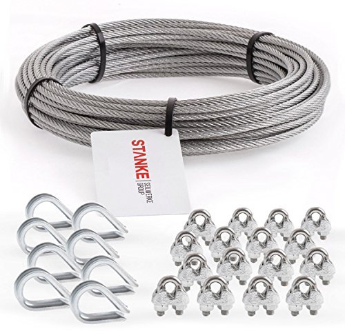Seilwerk STANKE Rankhilfe Drahtseil verzinkt 50m Stahlseil 4mm 6x7, 8x Kausche, 16x Bügelformklemme - SET 3