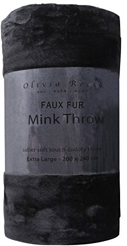 Olivia Rocco Super Soft Raschel Sofa Bed Throw, Faux Fur Mink Blanket Settee Throws, Double King Size, Black, X Large 200 x 240 cm