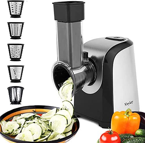 Meykey Rallador Electrico, Cortador de Verduras y Fruta Eléctrico 150W con 5 Accesorios y Tubo de Alimentación Grande, para Sus Verduras y Fruta, Sin BPA