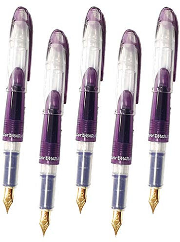 5 x Papermate Compact Fountain Pen, Fine Nib, Purple Barrel, Blue Ink - Loose in Plain Packaging