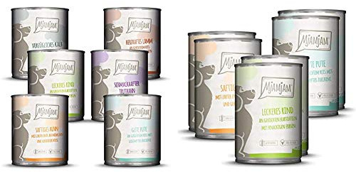 MjAMjAM - Premium Nassfutter für Hunde - Mixpaket II - mit Huhn & Ente, Rind, Pute, Kalb, Truthahn, Lamm, 6er Pack (6 x 800 g), getreidefrei mit extra viel Fleisch & Premium Nassfutter für Hunde