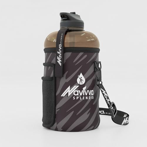 NNAVIVVA SPLENDID 2.2 Litre Large Reusable Gym Water Bottle with Straw Lid and Insulation Cover, Dishwasher Safe, BPA Free Tritan Plastic (Black in the Sleeve Cover)