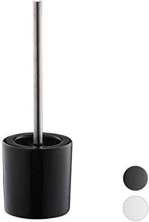 Relaxdays 1 x WC Garnitur Keramik, runder Klobürsten-Halter, wechselbarer Bürstenkopf, Bad-Set, HxD 38,5 x 12,5 cm, schwarz