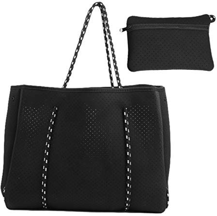 Kuuleyn Neopren-Handtasche, Tasche mit großer Kapazität, perforierte Strandtasche aus Neopren mit großer Kapazität Lässige Einkaufstasche für Mamas Handriemen(Schwarz)