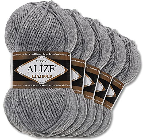 Alize 5 x 100 g Lanagold Wolle | 53 Auswahl | Stricken Häkeln Wolle (21 | Grau Melange)