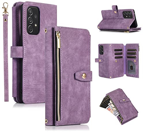UEEBAI Hülle für Samsung Galaxy A52 4G/5G A52S 5G, 9 Kartenfäche Retro Leder Klapphüllen Stoßfest Flip Case mit Handschlaufe Standfunktion Reißverschluss Handyhülle Magnetverschluss – Retro Lila