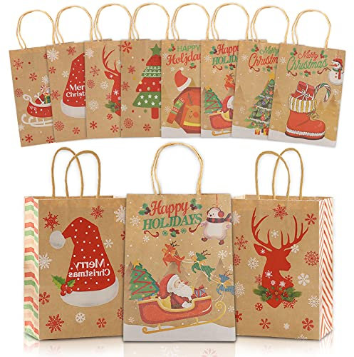 MIZIJIA Weihnachten Geschenktüten, 16 Stück Weihnachts Kraft Geschenktaschen, Geschenkbeutel mit Tragegriff, Tasche mit weihnachtlichem Aufdruck, Für Weihnachtsfeier, Geburtstagsfeier