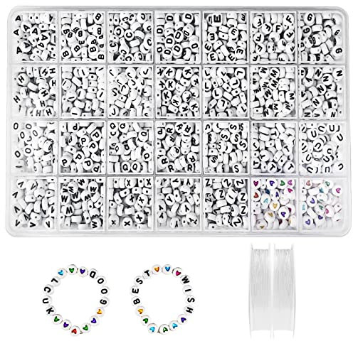 Newpop 1400Pcs Perles Lettres Alphabet et Colorée 7 X 4 mm, A-Z Blanc Coeur Beads avec 2 Fil Elastique, pour Fabrication de Bijoux, Bracelets, Colliers, Enfants DIY Artisanats
