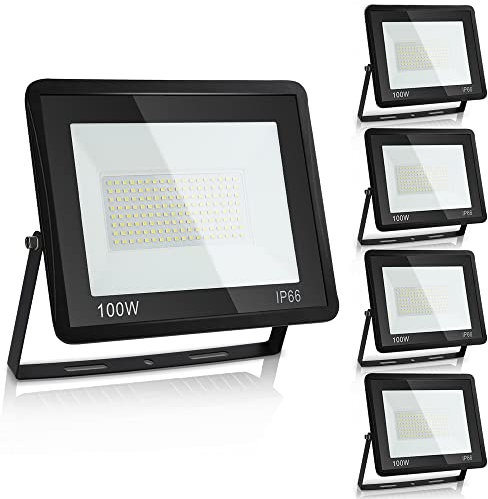 Yakimz LED Strahler Außen 100W, 5er LED Fluter 6000K Kaltweiß, 8500LM Superhell, LED Aussen Scheinwerfer Flutlicht, IP66 Wasserfest Flutlichtstrahler Außenleuchte für Terrasse Sportplatz
