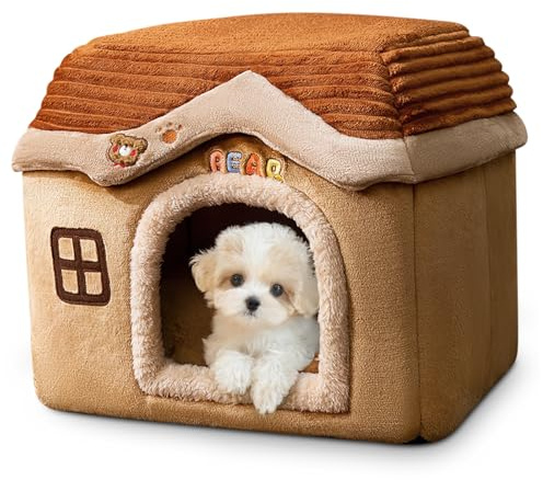 ALLSOPETS Warmes Katzenhaus & Hundehöhle für Innen, Faltbares Weiches Haustierhaus mit Rutschfestem Boden für Kleine Hunde und Katzen (Braun, M)