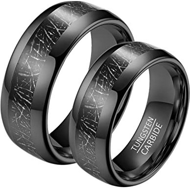 Gualiy Wolfram Eheringe mit Gravur, Freundschaftsringe Paar 8mm Schwarz Ring Eingelegt Metalllinie Größe Damen 60 (19.1) + Herren 60 (19.1)