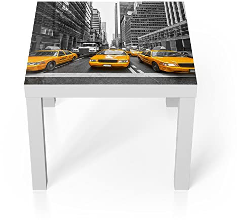 DEQORI Glastisch | weiß klein 55x55 cm | Motiv Gelbe Taxis in New York | ausgefallener Beistelltisch aus Glas | Hochglanz Couchtisch fürs Wohnzimmer | moderner Couch Tisch mit Design