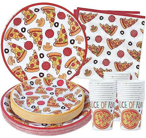Pizza Party Supplies (Serves 24) Dinner Plates, Dessert Plates, Cups, Napkins. Pizza Party Birthday Decorations for Kids, Boys, Girls and More. Pizza Themed Birthday Party Decorations